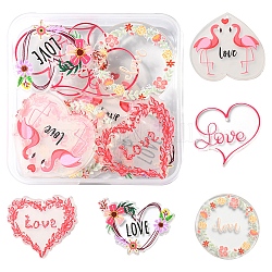 10Pcs 5 Styles Valentine's Day Theme Acrylic Pendants, Heart with Word Love & Flat Round , Mixed Patterns, 28~36x36~40x2mm, Hole: 1.4~1.6mm, 2pcs/style