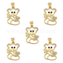 5Pcs Brass Micro Pave Clear & Black Cubic Zirconia Pendants, Nickel Free, Bear, Real 18K Gold Plated, 21x24.5x2mm, Hole: 3x5mm