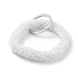 Porte-clés de poignet de bracelet de perles de verre, avec l'anneau de la clé de fer, blanc, 9 cm