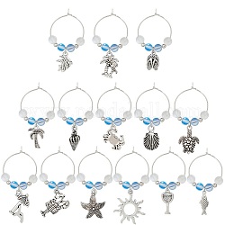 Sea Animals Alloy Wine Glass Charms, with Brass Hoop Earring Findings and Synthetic Moonstone Bead, Crab/Coconut Tree/Fish, Antique Silver, 48~58mm, 14 style, 1pc/style, 14pcs/set