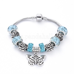 Bracelets de style européen en laiton , avec des perles européennes en strass en acrylique et en pâte polymère, perles roses en alliage et pendentifs papillon, lumière bleu ciel, 7-1/4 pouce (18.5 cm)