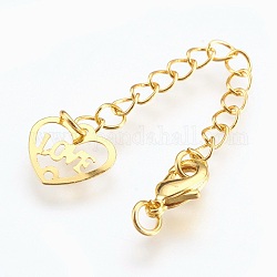 Eco-Friendly Brass Chain Extender, with Lobster Claw Clasps, Cadmium Free & Nickel Free & Lead Free, Long-Lasting Plated, Heart with Word Love, For Valentine's Day, Golden, 67x3mm, Hole: 2.5mm, Clasps: 10x6x3mm