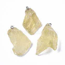 Pendenti quarzo limone naturale, pietra grezza grezza, con 304 anello in acciaio inossidabile, pepite, 25~45x20~31x10~20mm, Foro: 2 mm