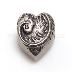 304 perline europei in acciaio inox, perline con foro grande, cuore, argento antico, 14x11.5x10mm, Foro: 5 mm