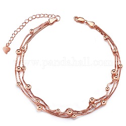 Bracelet de cheville à plusieurs rangs en argent sterling Shegrace 925, boîte à chaîne avec des perles, avec tampon s925, or rose, 8-1/4 pouce (21 cm)