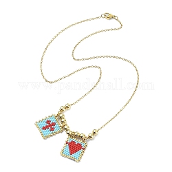 Rectangle avec croix et coeur collier pendentif en perles de rocaille de verre, bijoux en acier inoxydable doré 304 pour femme, rouge, 17.68 pouce (44.9 cm)