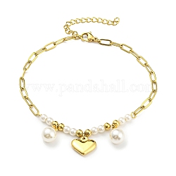 Placage sous vide 304 bracelet à breloques coeur en acier inoxydable, avec perle en plastique perlée pour fille femme, or, 8-1/4 pouce (20.8 cm)