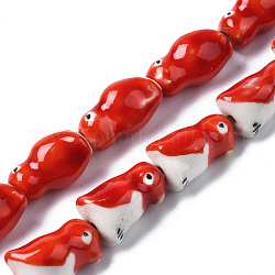 Brins de perles en céramique de porcelaine faites à la main, famille rose de style, pingouin, rouge, 16~18x9~11x10~11mm, Trou: 1.4mm, Environ 18 pcs/chapelet, 12.2 pouces (31 cm)