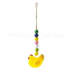 Décorations pendentif poule en plastique thème pâques, avec corde de chanvre & perles en bois, jaune, 250mm