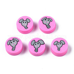 Manuell Polymer Ton Perlen, für DIY Schmuck Bastelbedarf, flach rund mit Elefanten, neon rosa , 9~9.5x3.5~5 mm, Bohrung: 1.6 mm