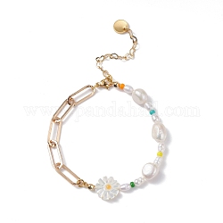 Pulsera de cuentas de conchas naturales de girasol, pulsera de eslabones de perlas naturales para niña mujer, pulsera de cadena con clip, la luz de oro, 7-1/4 pulgada (18.5 cm)