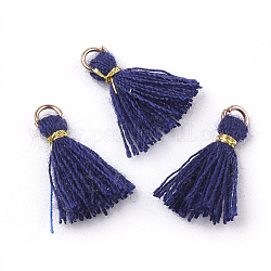 Polycotton(Polyester Cotton) Tassel Pendant Decorations, Mini Tassel, with Iron Findings and Metallic Cord, Light Gold, Midnight Blue, 10~15x2~3mm, Hole: 1.5mm