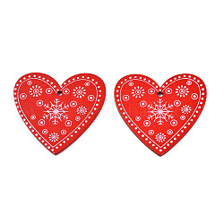Weihnachtsthema lackierte Holzanhänger, einseitig bedruckt, Herz mit Schneeflocke, rot, 48x50x2.5 mm, Bohrung: 2 mm