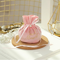 Velvet Jewelry Drawstring Gift Bags, Wedding Favor Candy Bags, with Beads, Pink, 14.2x15x0.3cm