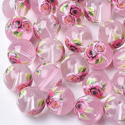 Perles de verre transparentes imprimées et peintes au pistolet, ronde avec motif de fleurs, rose, 10~10.5x9.5mm, Trou: 1.6mm