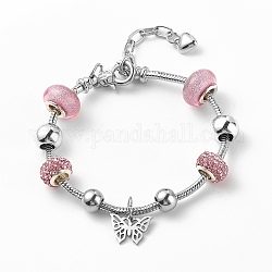 201 bracelet européen breloque papillon en acier inoxydable avec chaînes serpent, Bracelet en perles de plastique et d'alliage et d'acrylique pour femme, perle rose, 7.87 pouce (20 cm)