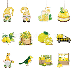 Decoraciones colgantes de madera con tema de limón, adornos colgantes de cuerda de yute, formas mixtas, amarillo, 60~100x60~100mm, agujero: 3 mm, 12style, 3 piezas / style, 36 PC / sistema