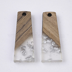 Colgantes de resina transparente y madera de nogal, con papel de plata, encerado, trapezoide, plata, 30x12x3.5mm, agujero: 2 mm