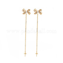 Brass Micro Pave Clear Cubic Zirconia Stud Earring Findings, for Half Drilled Beads, Nickel Free, Bowknot, Real 18K Gold Plated, 65x11mm, Pin: 0.6mm, pin: 0.6mm (for Half Drilled Beads)