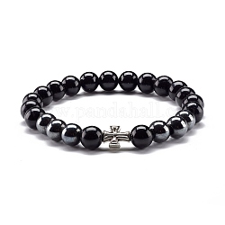 Obsidienne naturelle et perles rondes en hématite synthétique non magnétique bracelet extensible énergétique pour hommes femmes, bracelet en alliage croix, diamètre intérieur: 2-1/4 pouce (5.6 cm)