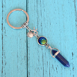 Porte-clés pendentif balle lapis lazuli naturel, avec étoile de mer en alliage et forme de coquillage, 3.5 cm