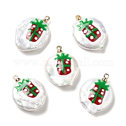 Pendenti di perle keshi naturali in stile barocco con smalto, Ciondoli natalizi rotondi piatti con ganci pendenti in ottone color oro, colore conchiglia, scatola, 21~23x16~17.5x4~7.5mm, Foro: 1.2 mm