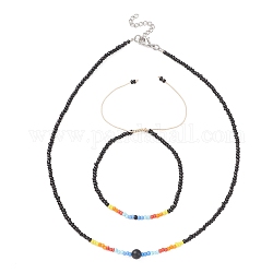 Ожерелье из стеклянных бисера и плетеный браслет из бисера, набор украшений для женщин, чёрные, 15-1/8 дюйм (38.5 см), 2-1/4~3-1/4 дюйм (5.6~8.3 см)