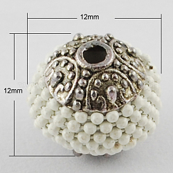 Handmade Indonesia Beads, with Alloy Cores, Round, Antique Silver, Floral White, 12x12x12mm, Hole: 2mm