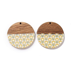 Opaque Resin & Walnut Wood Pendants, Flat Round Charms with Flower Pattern, Gold, 35x4mm, Hole: 2mm