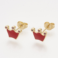 Clous d'oreilles en laiton avec zircon cubique, avec émail et poussoirs d'oreilles, couronne, or, rouge, 7x9.5mm, pin: 0.7 mm