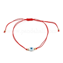 Verstellbare Nylonschnur geflochtenen Perlen Armbänder, rote Schnurarmbänder, mit runden Messingperlen, natürliche weiße Muschelperlen und synthetisches Türkis, bösen Blick, rot, 2-1/2~3-7/8 Zoll (6.4~10.1 cm)