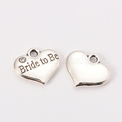 Wedding Theme Antique Silver Tone Tibetan Style Heart with Bride to Be Rhinestone Charms, Cadmium Free & Lead Free, Crystal, 14x16x3mm, Hole: 2mm