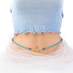 Glass Seed & Cat Eye Waist Beads, Brass Evil Eye Charm Belly Chains for Women, Deep Sky Blue, 31.69 inch(80.5cm)