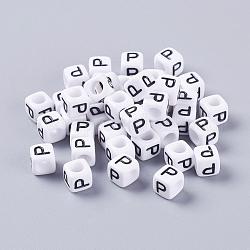 Letter P White Cube Letter Acrylic Beads for Name Jewelry Making, Horizontal Hole, Size: about 6mm wide, 6mm long, 6mm high, hole: about 3.2mm, about 300pcs/50g