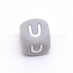 Silicone Alphabet Beads for Bracelet or Necklace Making, Letter Style, Gray Cube, Letter.U, 12x12x12mm, Hole: 3mm