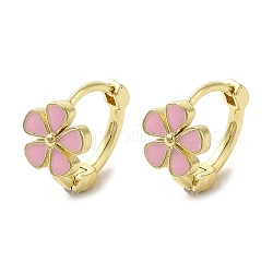 Orecchini a cerchio in ottone placcato con fioriera, con smalto rosa perla, oro, 12x13x7.5mm