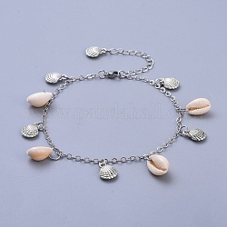 Brass Cable Chain Anklets, with Cowrie Shell Beads and Tibetan Style Alloy Charms, Seashell Color, 10-1/4 inch(26cm)