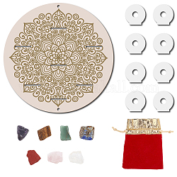 CREATCABIN Flat Round Wooden Tarot Plates, with Acrylic Holders and Random Raw Rough Natural & Synthetic Gemstone Beads, Flower Pattern, Plates: 200x5mm, Hole: 3x30mm, 1 set; Beads: 29~35x20~28x12~23mm, 7pcs/set, 1 set