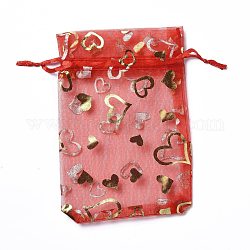 Organza-Schmuckbeutel mit Kordelzug, Geschenktüten für Hochzeitsfeiern, Rechteck mit goldgeprägtem Herzmuster, rot, 15x10x0.11 cm