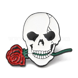 Totenkopf- und Rosen-Emaille-Pins, Broschen aus schwarzer Zinklegierung für Rucksackkleidung, Halloween-Thema, weiß, 31x36x2 mm