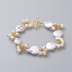 Bracelets de perles, avec perle naturelle baroque perle keshi, fil de cuivre, accessoire en laiton , Fermoirs T en alliage , or, 7-1/4 pouce (18.5 cm), 11~12mm