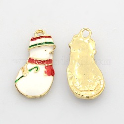 Pendentifs émail en alliage doré, pendentifs bonhomme de neige pour Noël, blanc, 21x10x3mm, Trou: 2mm