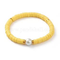 Bracelets élastiques faits à la main de perles heishi en pâte polymère, avec des perles d'espacement en laiton et des perles de verre rondes, jaune, diamètre intérieur: 2-1/8 pouce (5.5 cm)
