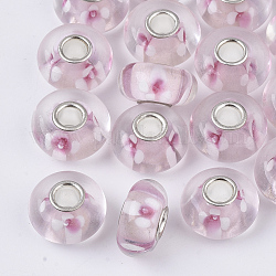 Perles européennes vernissées manuelles, fleur intérieure, Perles avec un grand trou   , avec noyaux simples en laiton plaqué couleur argent, rondelle, rose brumeuse, 14x7.5mm, Trou: 4mm
