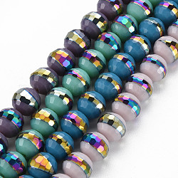 Chapelets de perles en verre opaque de couleur unie, couleur arc-en-plaqué, facette, ronde, couleur mixte, 10x9.5mm, Trou: 1.4mm, Environ 39~40 pcs/chapelet, 14.17 pouce ~ 14.57 pouces (36~37 cm)