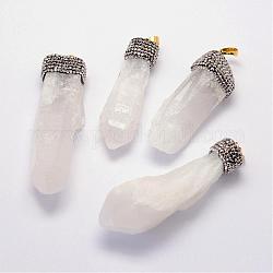 Gros pendentifs en cristal de quartz naturel, avec des strass en pâte polymère et les accessoires en laiton, or, 56~68x14~19x13~16mm, Trou: 8x5mm