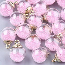 Glass Ball Pendants, with Micro Beads and CCB Plastic Findings, Round, Pink, 21x15.5~16mm, Hole: 2mm