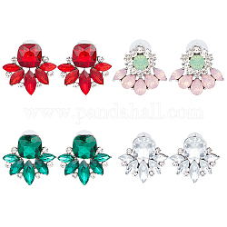 ANATTASOUL 4 Pairs 4 Color Glass Flower Stud Earrings with Crystal Rhinestone, Gunmetal Alloy Jewelry for Women, Mixed Color, 23.5~30.5x25~31mm, Pin: 0.9mm, 1 Pair/color
