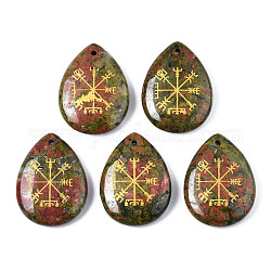 Natural Unakite Pendants, Teardrop with Nordic Pagan Pattern, 32~33.5x25~26x6.5~7.5mm, Hole: 2mm, 6pcs/bag