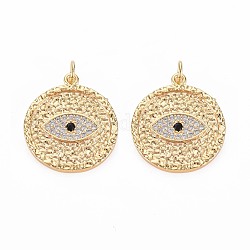 Brass Micro Pave Clear & Blace Cubic Zirconia Pendants, Nickel Free, Flat Round with Evil Eye, Real 18K Gold Plated, 23.5x21.5x2mm, Jump Ring: 5x1mm, Inner Diameter: 3mm